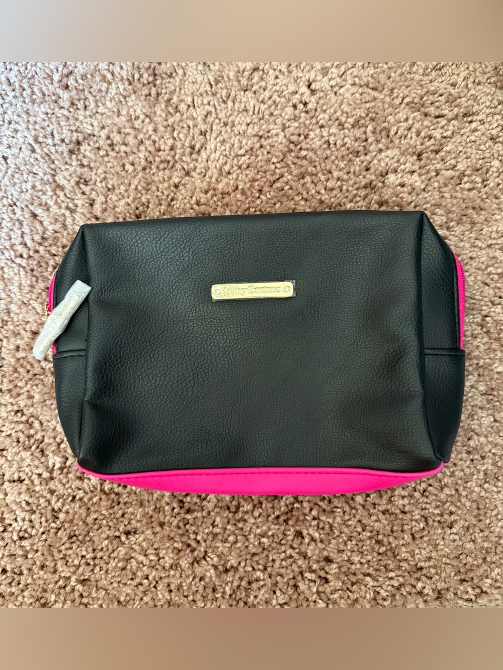 NWOT - Juicy Couture Black Faux-Leather Cosmetic Bag with Hot Pink Trim
